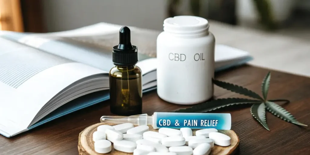 CBD oil bottle, capsules, and pain relief applicator arranged on a wooden table with an open book