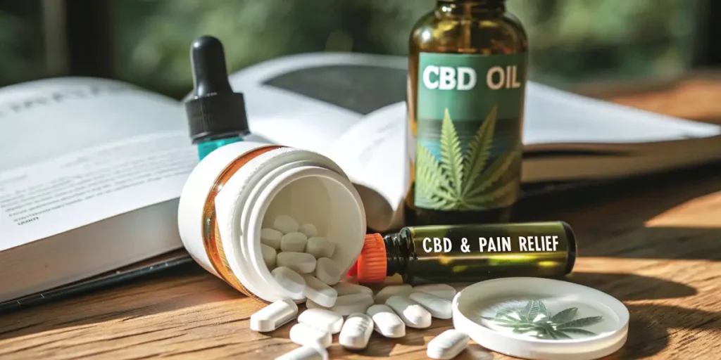 close-up of CBD oil bottle, capsules, and pain relief roller with cannabis-themed lid on a wooden surface