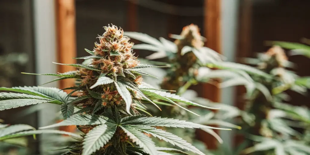 Flowering Cookie Kush CBD plant with orange pistils and resin-coated buds