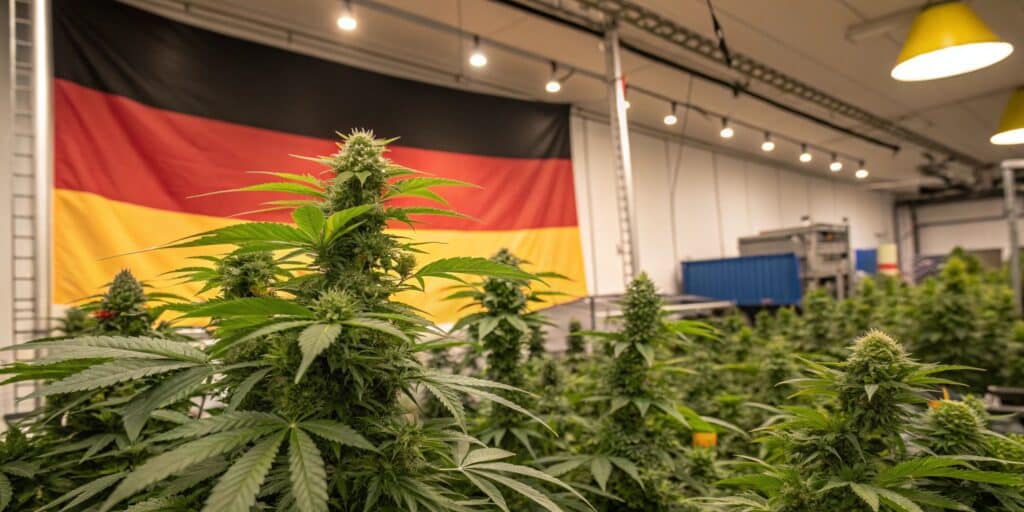 Indoor cannabis cultivation in Germany with mature plants growing in a professional setup.