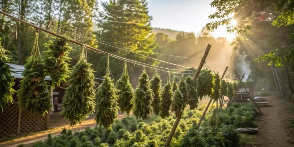 Large bundles of cannabis plants hanging to dry in a sunlit outdoor area surrounded by lush greenery and misty morning light.