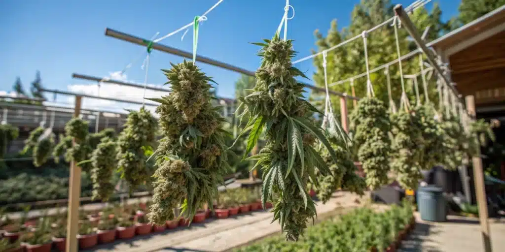 Freshly harvested weed buds hanging on drying racks in an outdoor curing area with a clear blue sky and potted plants in the background.