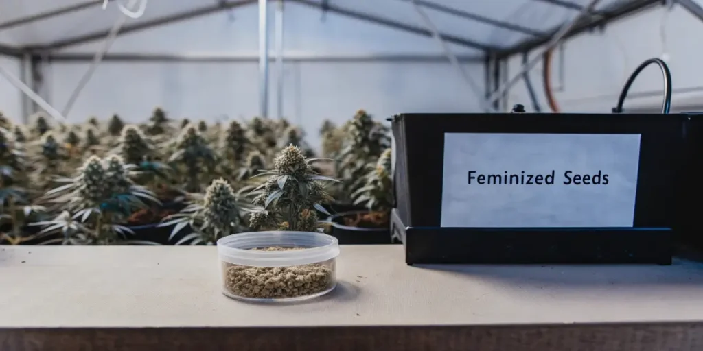 Feminized cannabis seeds container next to mature cannabis plants in an indoor grow room