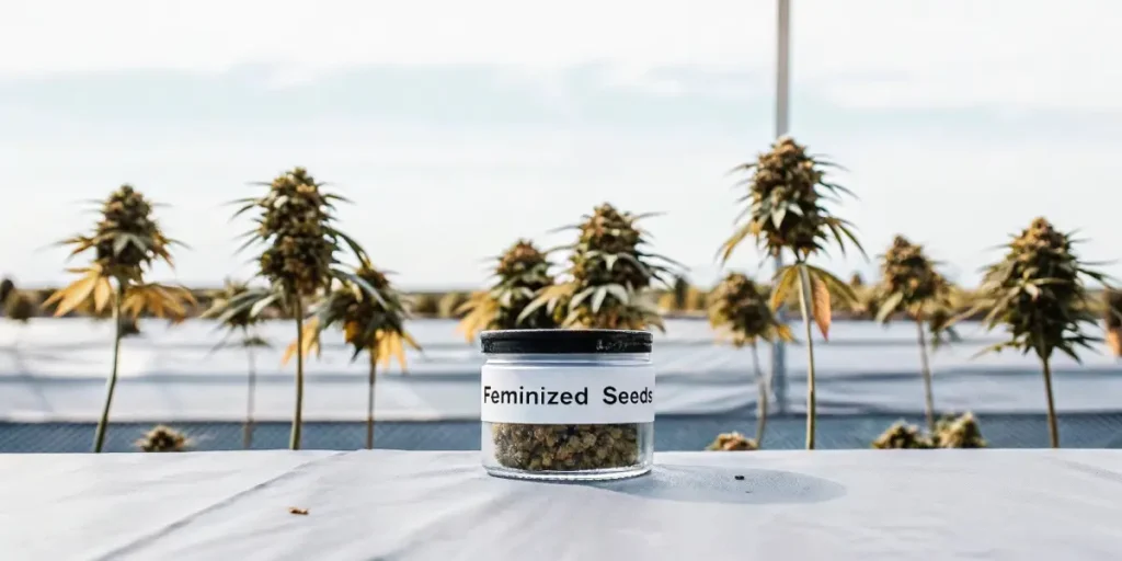 Outdoor cannabis farm with feminized seeds jar on table and flowering cannabis plants in the background
