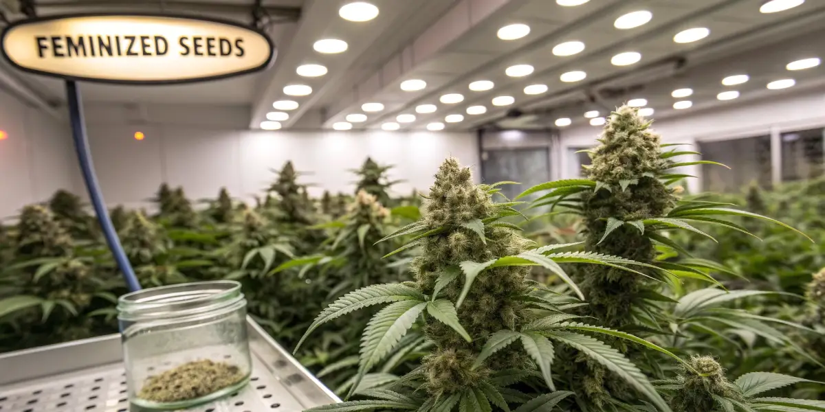 Indoor cannabis grow room with feminized cannabis seeds jar and mature plants under LED lights