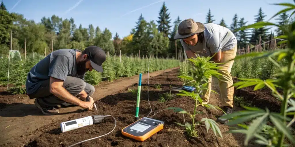 Two farmers testing soil quality with digital equipment in an outdoor cannabis field to optimize nutrient levels.
