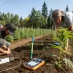 Two farmers testing soil quality with digital equipment in an outdoor cannabis field to optimize nutrient levels.
