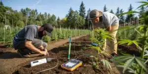 Two farmers testing soil quality with digital equipment in an outdoor cannabis field to optimize nutrient levels.