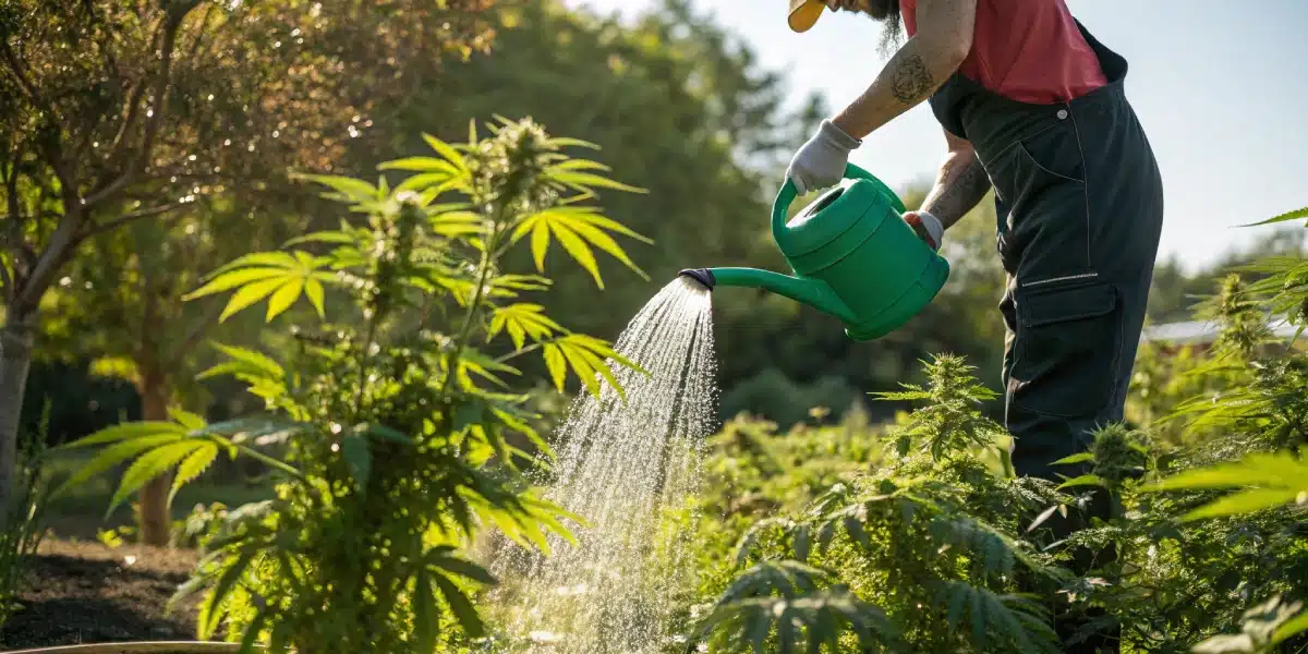 Gardener using a green watering can to fertilize outdoor cannabis plants in a lush sunlit garden.