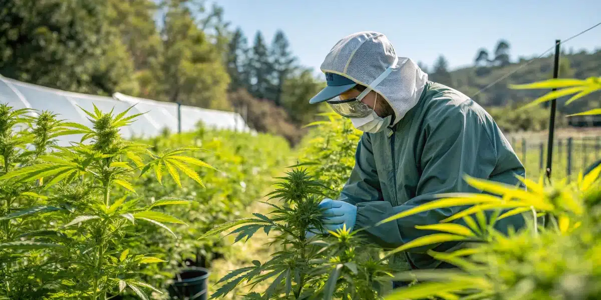 Grower in protective gear inspecting and pruning outdoor weed plants in a controlled cultivation environment.