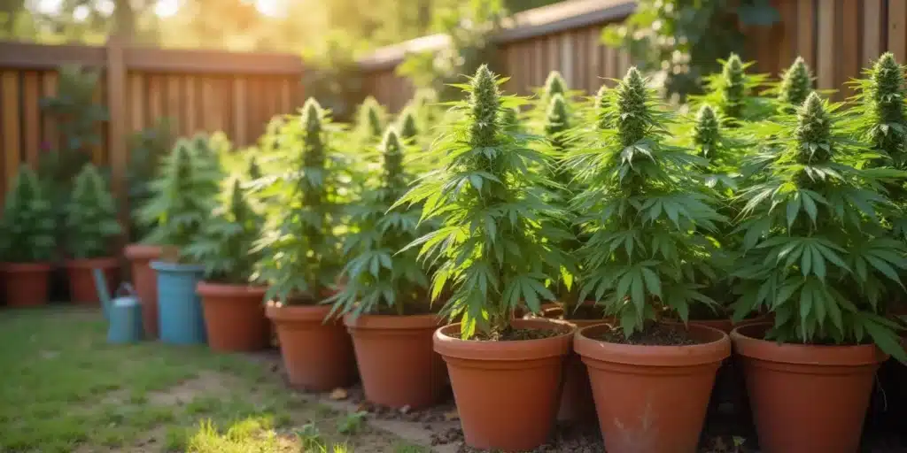 A garden setup with multiple cannabis plants in terracotta pots arranged neatly along a wooden fence, demonstrating a structured outdoor weed-growing method.