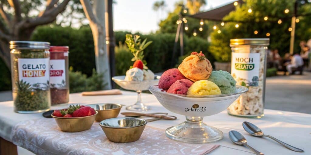 Gelato33 cannabis dessert table with colorful ice cream scoops and labeled jars at an outdoor summer gathering.