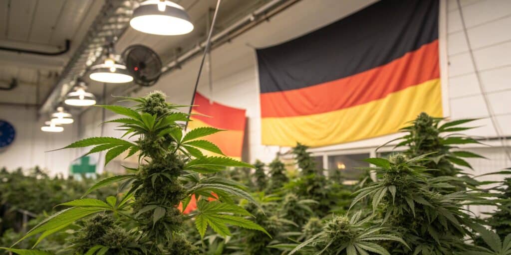 Cannabis plants flourishing in a German greenhouse facility with advanced cultivation systems.