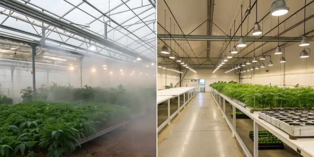 Split image: misty greenhouse with cannabis plants on left, versus bright indoor grow room with rows of plants on shelves.