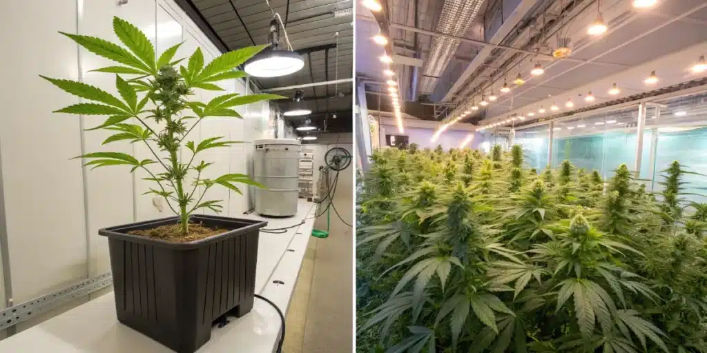 Split image: single potted cannabis plant in a bright room, and a wide view of a large grow room filled with cannabis plants under lights.