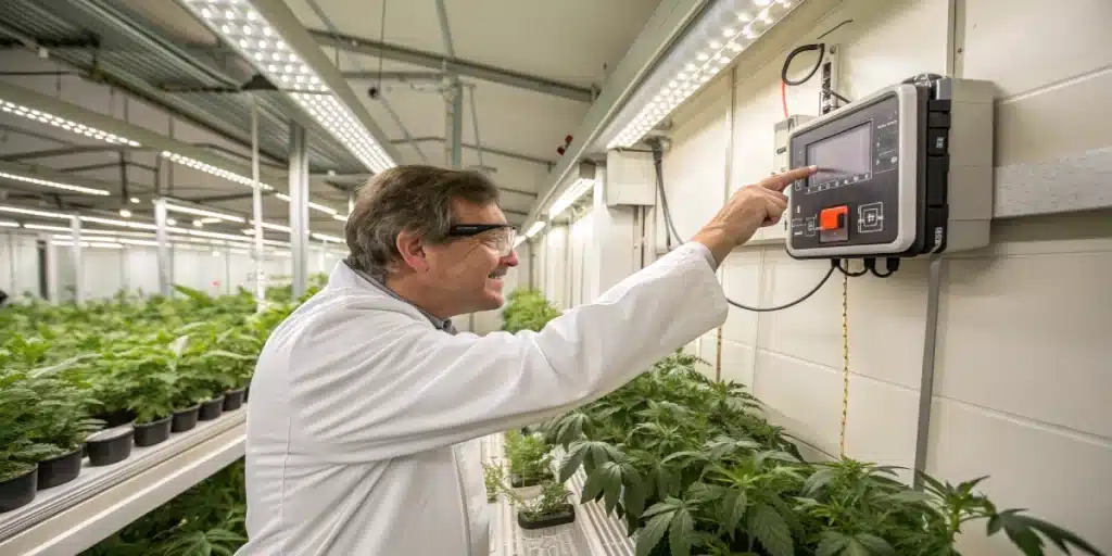 Side-by-side comparison of cannabis grown in a greenhouse with natural sunlight and indoors under controlled LED lighting