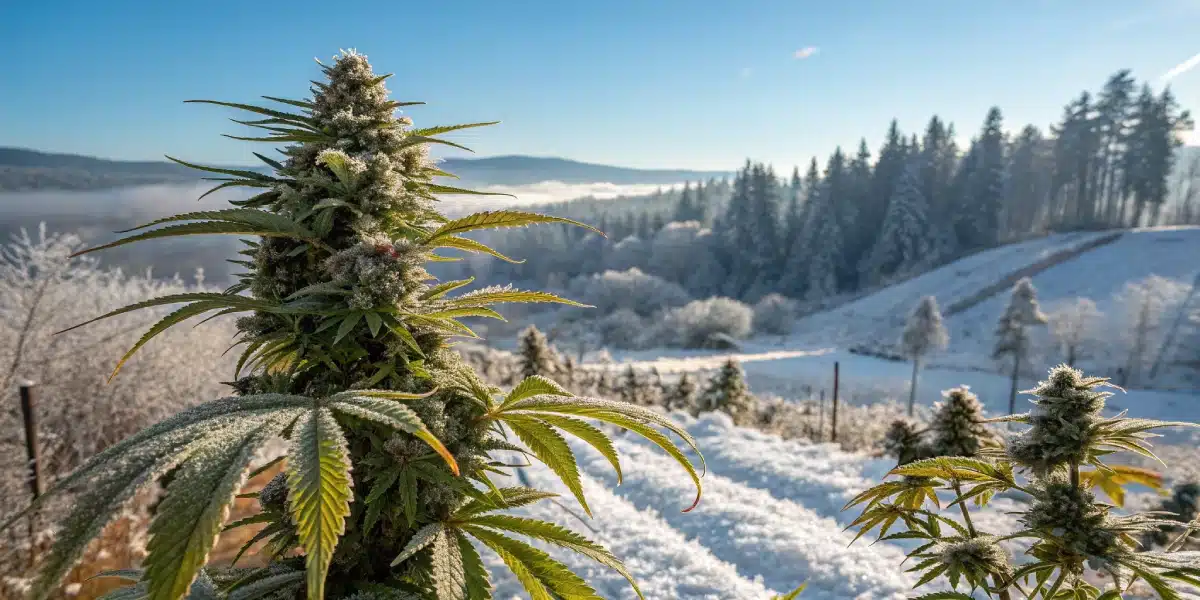 Cannabis plant with dew-covered leaves and buds growing in a moist outdoor garden environment.
