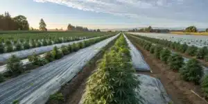 Large outdoor marijuana farm in Zone 6 with neatly arranged cannabis plants growing in rows covered with protective plastic mulch.