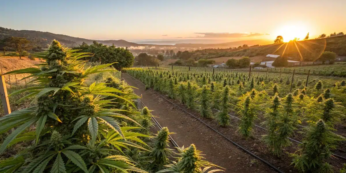 Close-up of a mature cannabis bud covered in trichomes, with sharp green leaves extending against a clear blue sky in an outdoor grow.