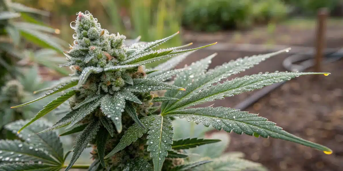Frost-covered cannabis plants growing in a snowy outdoor field with pine trees and mountains in the background.