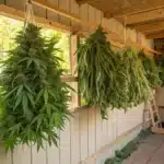 Freshly harvested outdoor cannabis plants hanging upside down in a wooden drying shed with natural sunlight filtering through.