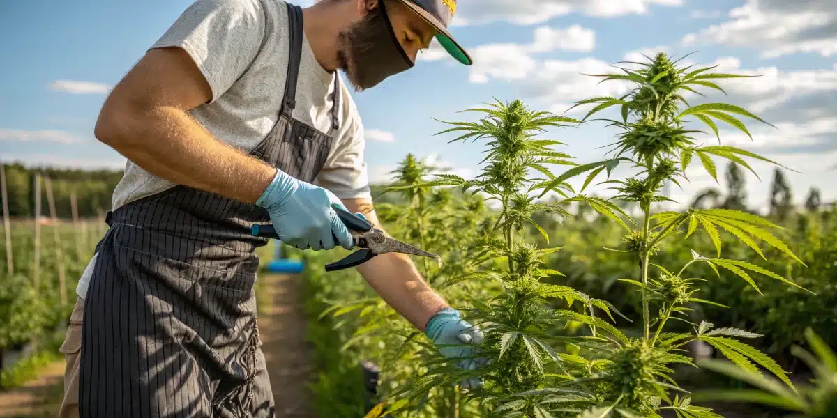 Farmer wearing gloves and a mask carefully trimming outdoor marijuana plants in a large field under a clear blue sky.