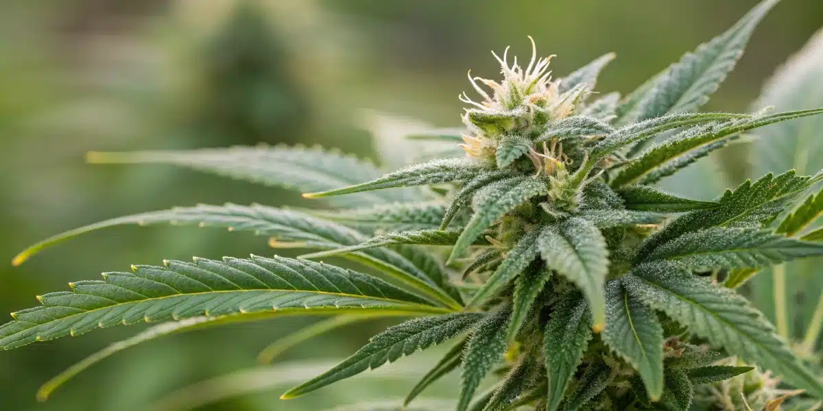Close-up of a mature weed plant covered in trichomes, with sticky resinous buds and vibrant green leaves in an outdoor garden.