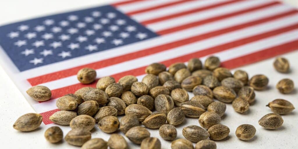 A pile of hemp seeds placed on a white surface with an American flag in the background.