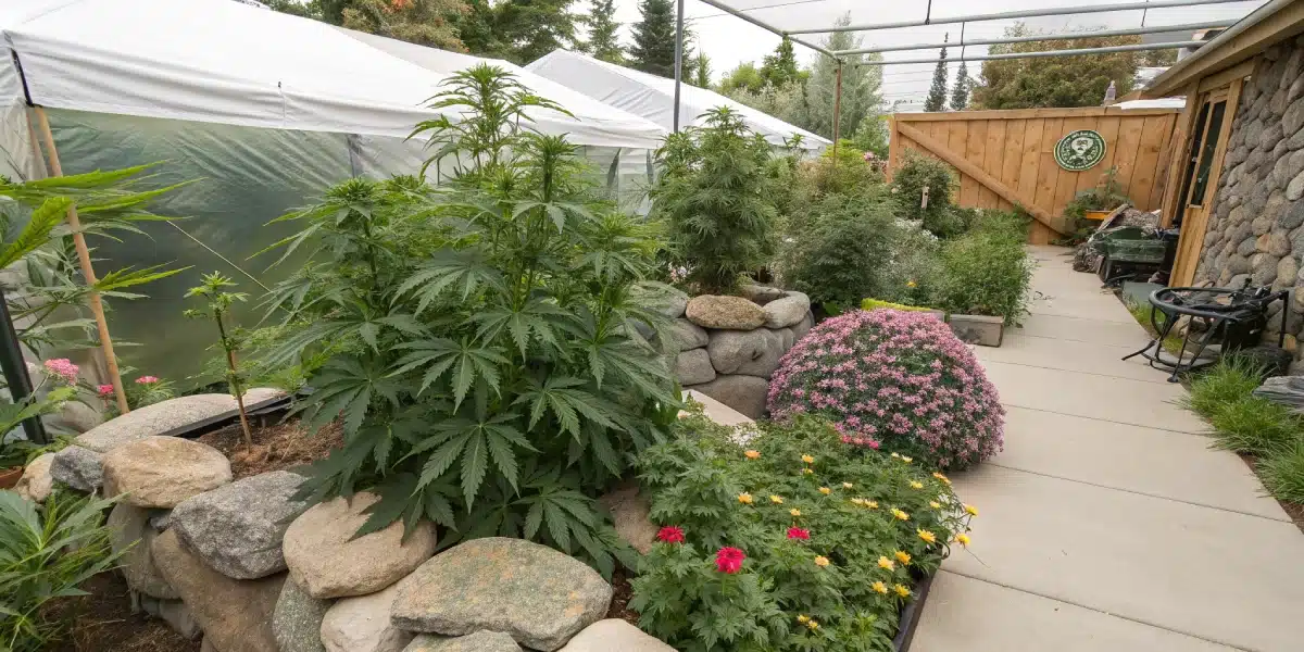 Lush cannabis plants growing discreetly in a backyard garden with surrounding greenery and greenhouse structures for privacy