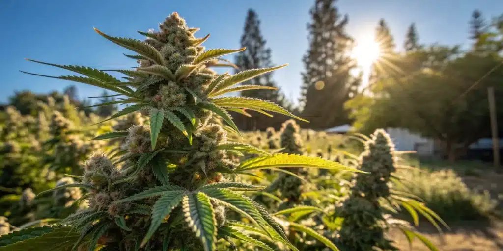 Close-up of a mature cannabis plant with dense buds, in an outdoor field under bright sunlight.