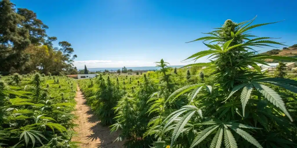Expansive outdoor cannabis field with lush green plants, a dirt path, and distant coast under blue sky.