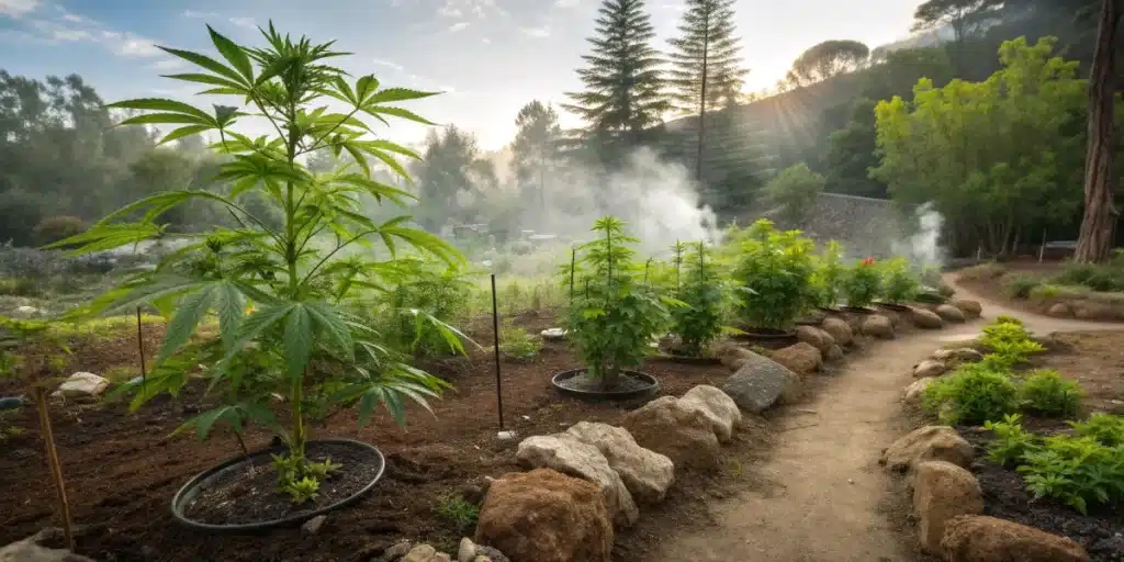 Outdoor cannabis garden with a winding path, lush plants, and mist rising in the background at sunset.