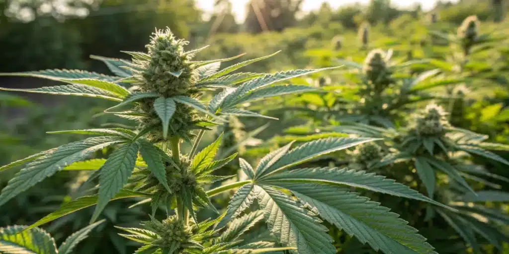 Cultivator checking autoflower weed plants in outdoor pots under sunny sky.