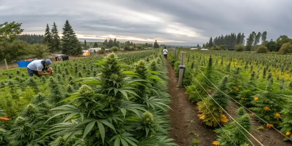 Close-up of lush autoflower cannabis plant outdoors under golden light.