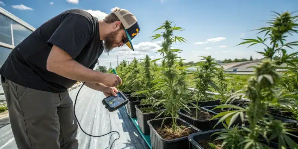 Expansive autoflower marijuana field with workers and cloudy sky.