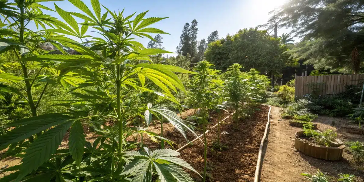 Vibrant cannabis plants in an outdoor organic garden, surrounded by greenery and natural wooden borders, under bright sunlight.