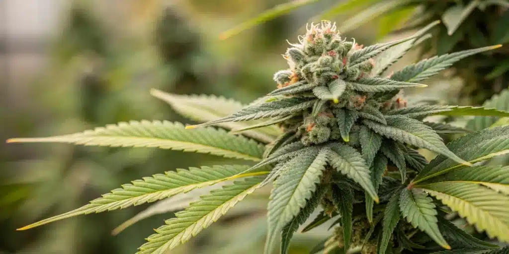 Close-up of a mature cannabis bud with frosty trichomes and vibrant orange pistils, ready for outdoor harvest
