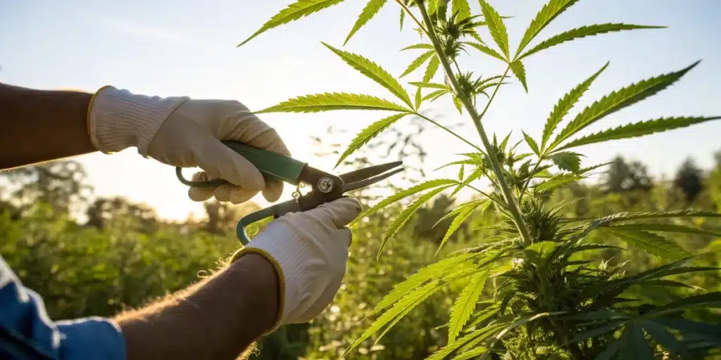 Hands wearing gloves carefully trimming outdoor marijuana plants with pruning shears during a golden sunset.