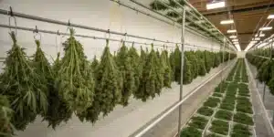 Large-scale drying room with freshly harvested weed plants hanging upside down on metal racks for curing.
