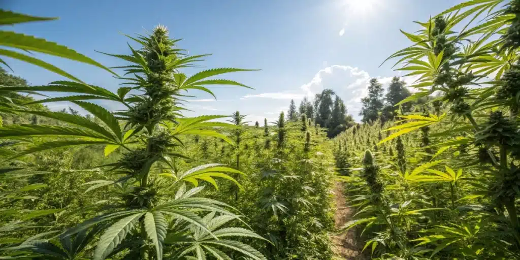 Tall cannabis plants basking in bright sunlight, illustrating how to increase cannabis yield outdoors