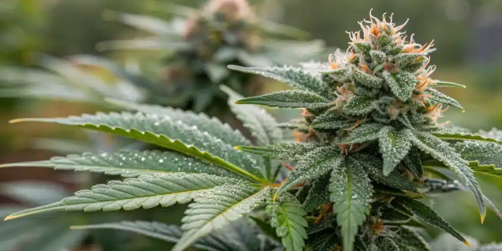 Close-up of a frosty marijuana bud coated in trichomes, highlighting how to increase marijuana yield outdoors