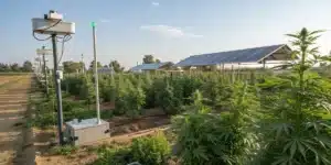 Cannabis field with solar-powered equipment, showing how to increase weed yield outdoors