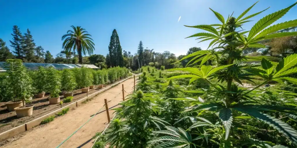 Tall cannabis plants in pots under a bright sky, arranged in neat rows, illustrating how to plant weed outside