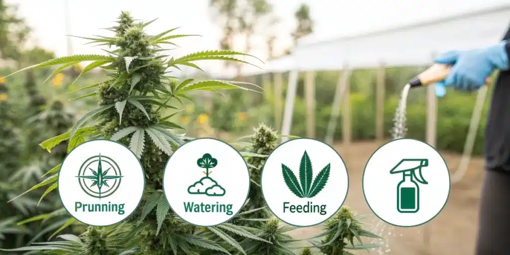 Gloved grower watering outdoor cannabis plants, with illustrated icons highlighting pruning, watering, and feeding for mold prevention.