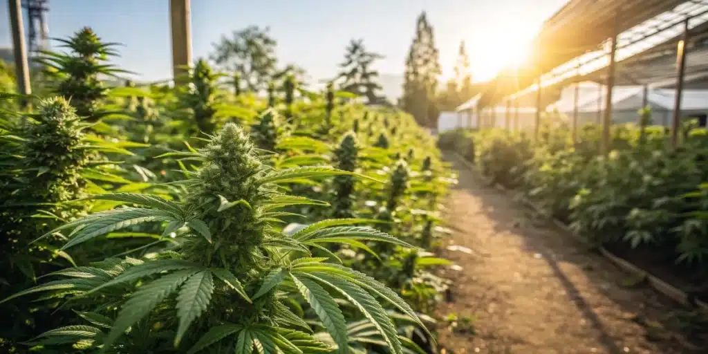 Outdoor marijuana plants in a greenhouse setting with optimal airflow and sunlight to prevent mold growth