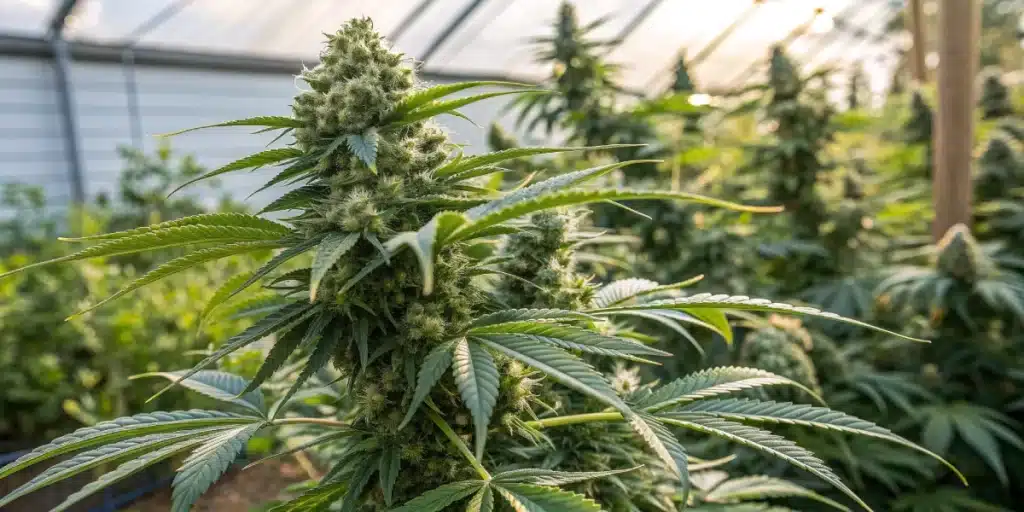 Close-up of a dense weed bud growing in a greenhouse with proper ventilation to reduce humidity and prevent mold.