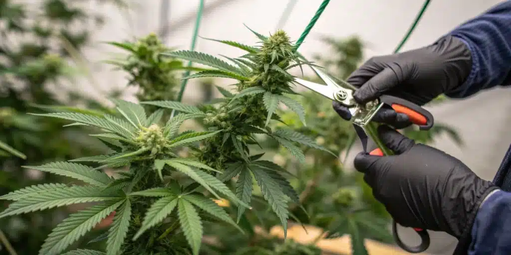 Gloved hands trimming dense buds, showing how to prune outdoor cannabis plants for healthier growth.