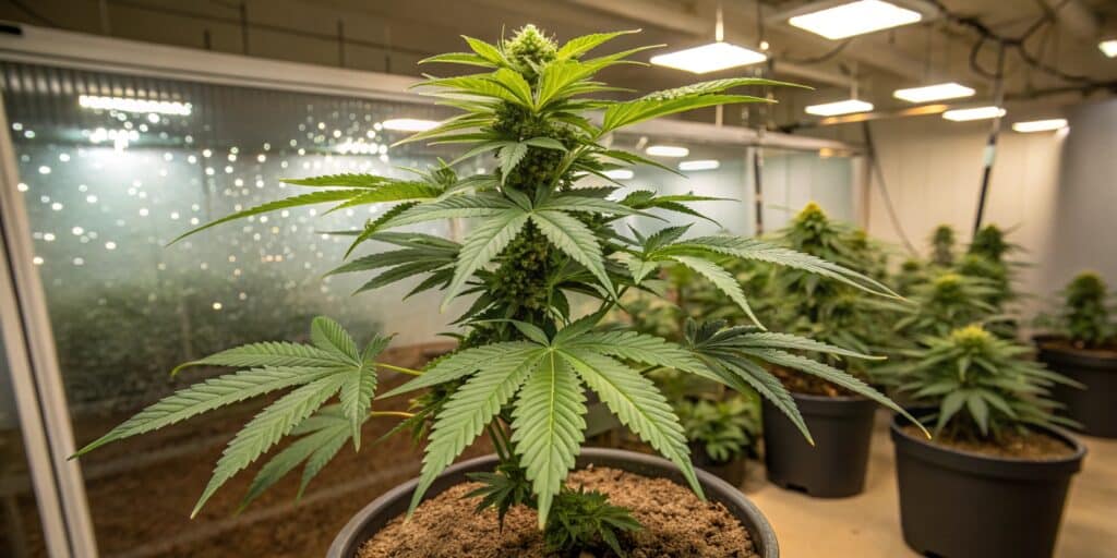 A fully matured cannabis plant growing under artificial lights in an indoor cultivation facility.