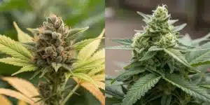 Side-by-side close-up of two cannabis buds: one with golden-yellow leaves, the other vibrant green.