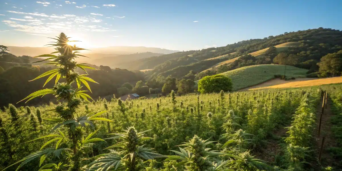 Lush outdoor cannabis farm in rolling hills with golden sunlight, highlighting natural growth conditions for high-quality marijuana plants.